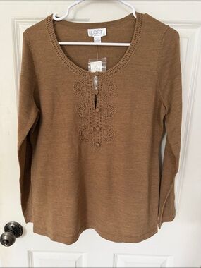 LOFT Women's Crochet Scoop Neck wool cashmere Sweater size large petite brown